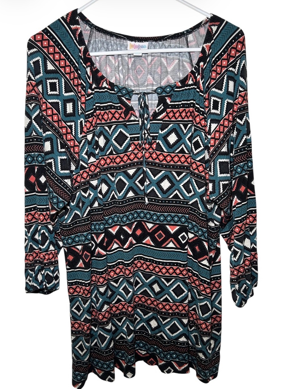 Lularoe Boho Printed Peasant Top Teal &‎ Coral Tie Front Half Sleeve 2XL Peasant